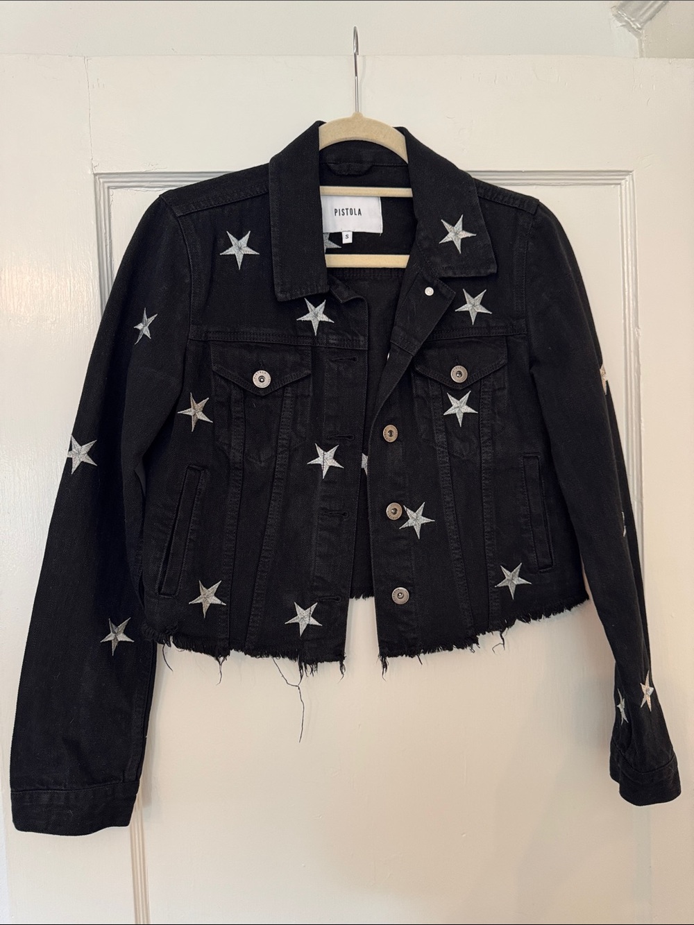 pistola Black Denim Jacket with Silver Star Embroidery